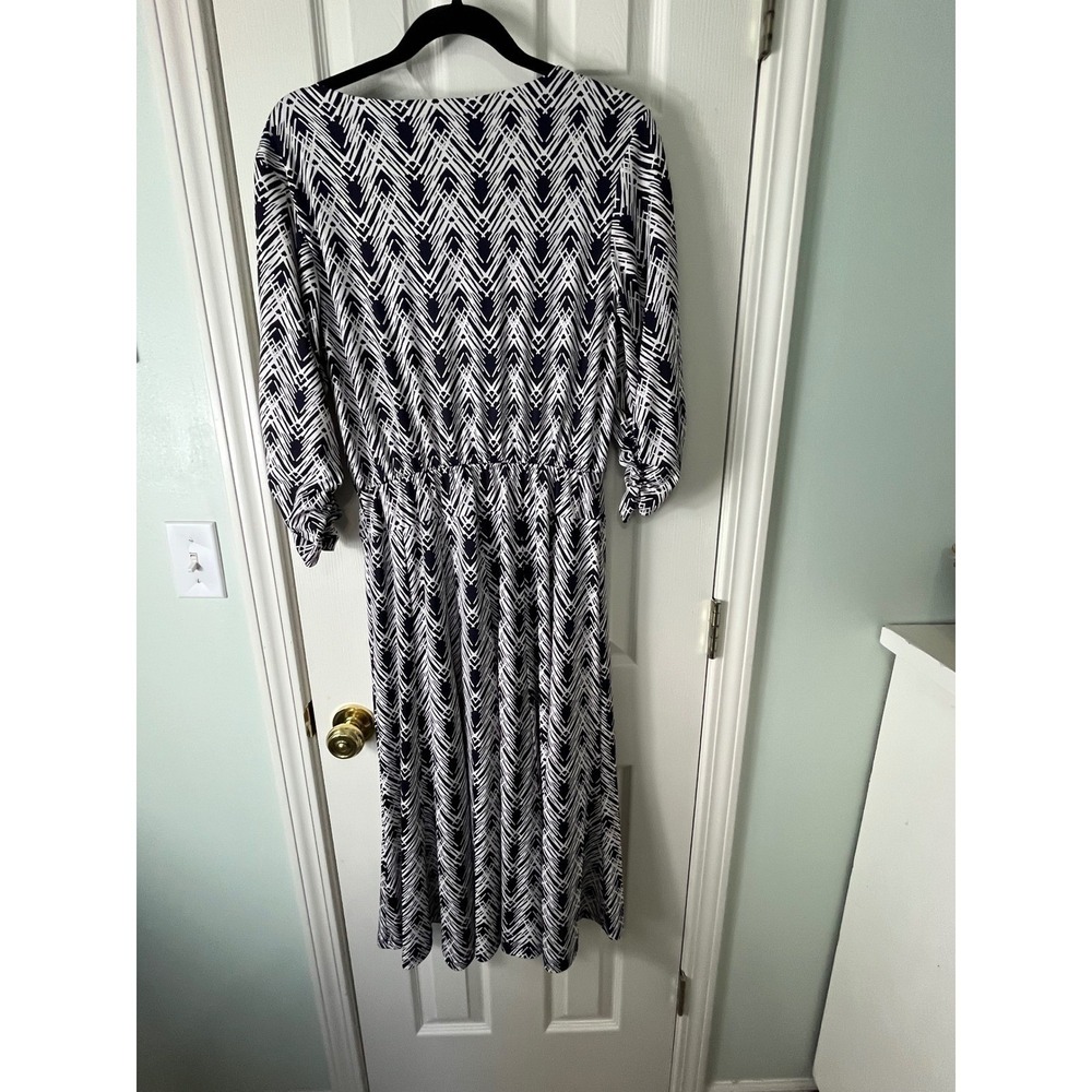 Jody California Midi Dress Womens Large Blue Geometric Chevron Stretch 3/4 Slv - Picture 6 of 8